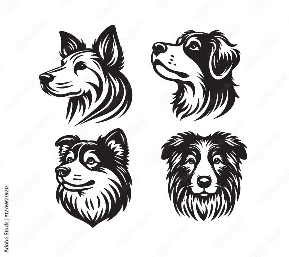 Fototapeta premium Four black and white dog head illustrations in different poses isolated on transparent background