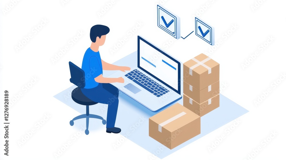 Focused man sitting at a modern desk with a laptop surrounded by packed boxes preparing for shipment Focused man sitting at a modern desk with a laptop surrounded by packed boxes preparing for shipment