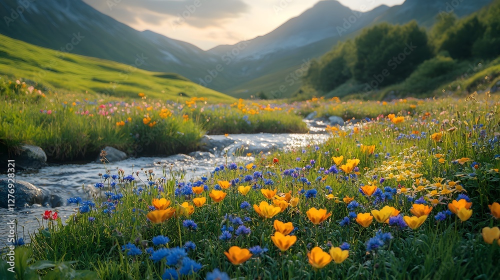 Fototapeta premium An Idyllic Wildflower Meadow with Colorful Blossoms and a Serene River Flowing Through Lush Green Hills