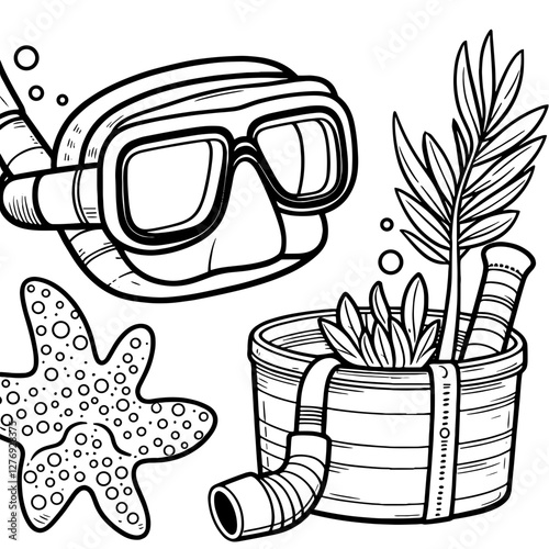 Snorkeling Gear with Tropical Starfish for Ocean-Themed Coloring Books and Beach Clipart