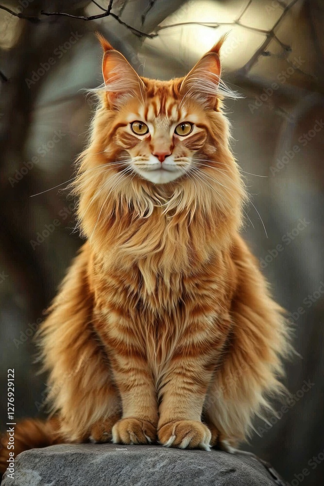 Obraz premium Close-up portrait of a majestic Maine Coon cat with fluffy fur, intense green eyes, and warm golden light illuminating the scene in a dreamy atmosphere.