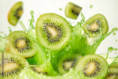 Exploding kiwi burst, vibrant green and green color palette, juice splashes and kiwi fragments flying outward photo