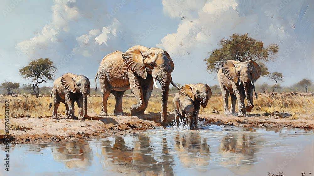 Obraz premium A family of elephants playing in a waterhole 