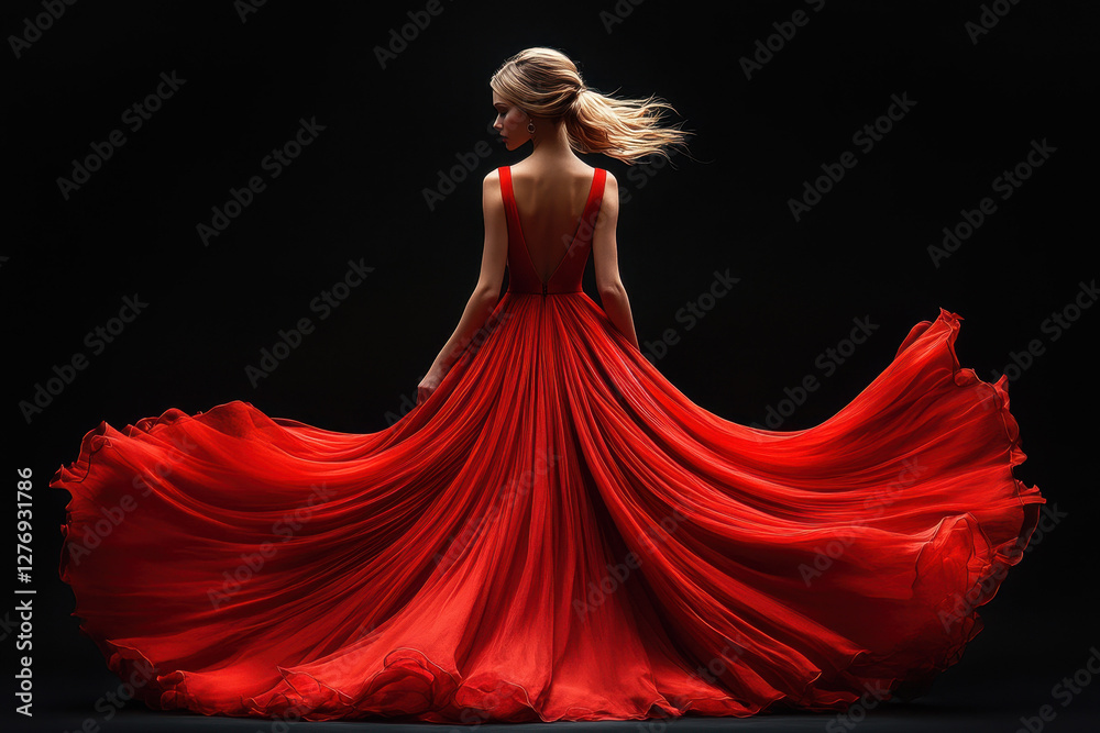 Fototapeta premium Elegant woman twirling in a flowing red dress against a dark background in a fashion performance