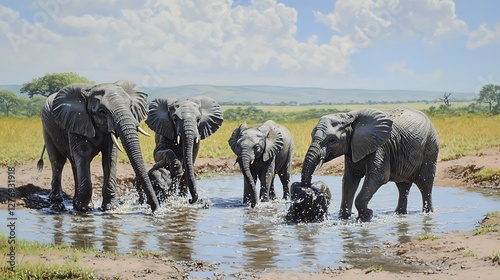 A family of elephants playing in a waterhole 