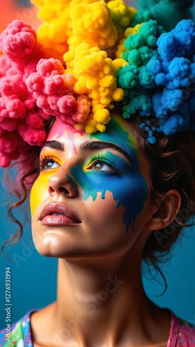 Colorful clouds of paint bursting from a woman's head, symbolizing creativity and the power of imagination photo