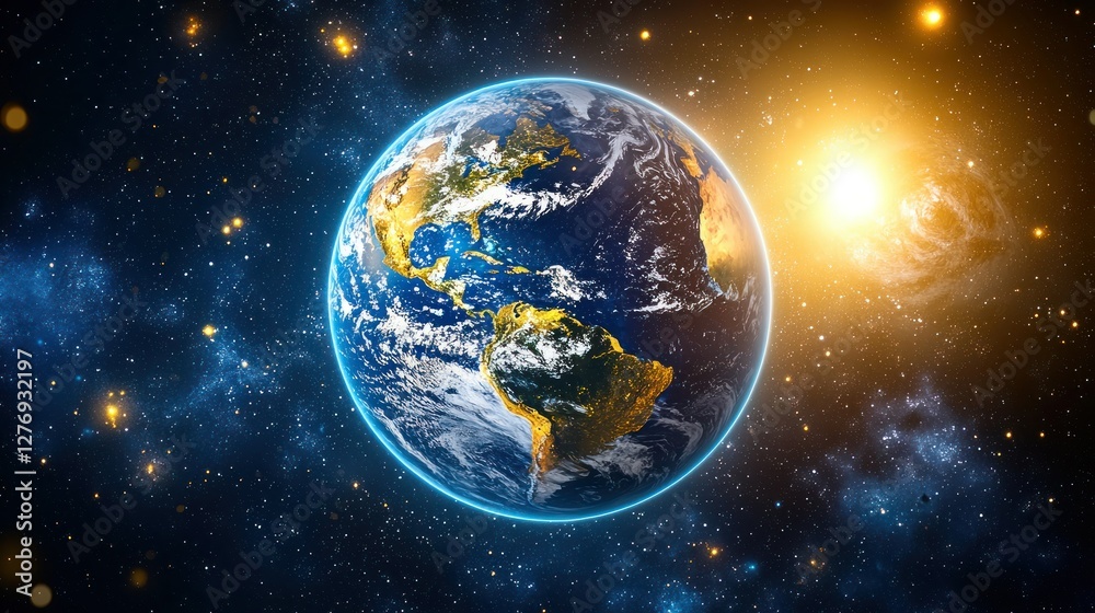 Obraz premium Earth in Space with Glowing Sun