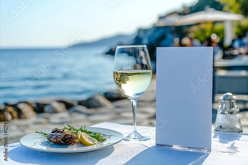 Mockup of blank white menu on stone table of terrace with glass of white wine and plate of fresh seafood in restaurant on greek island