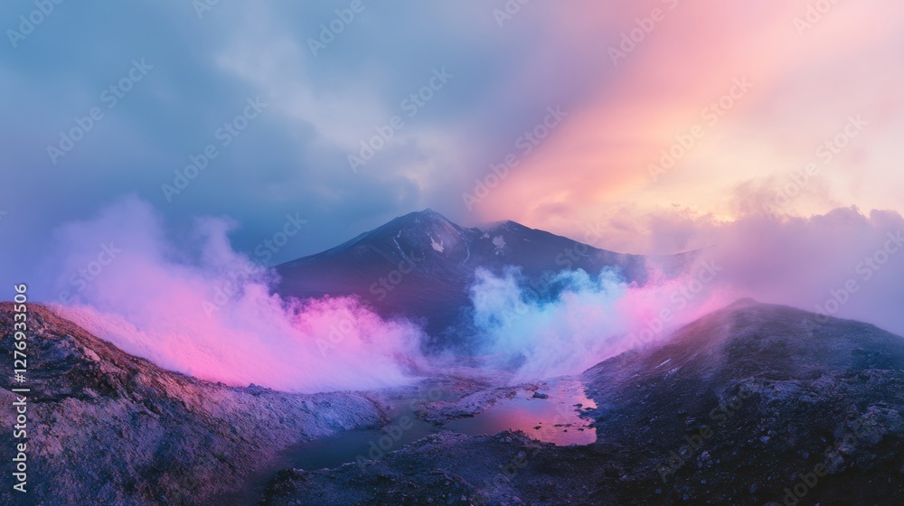 Fototapeta premium Dramatic mountain landscape with colorful clouds and surreal atmosphere