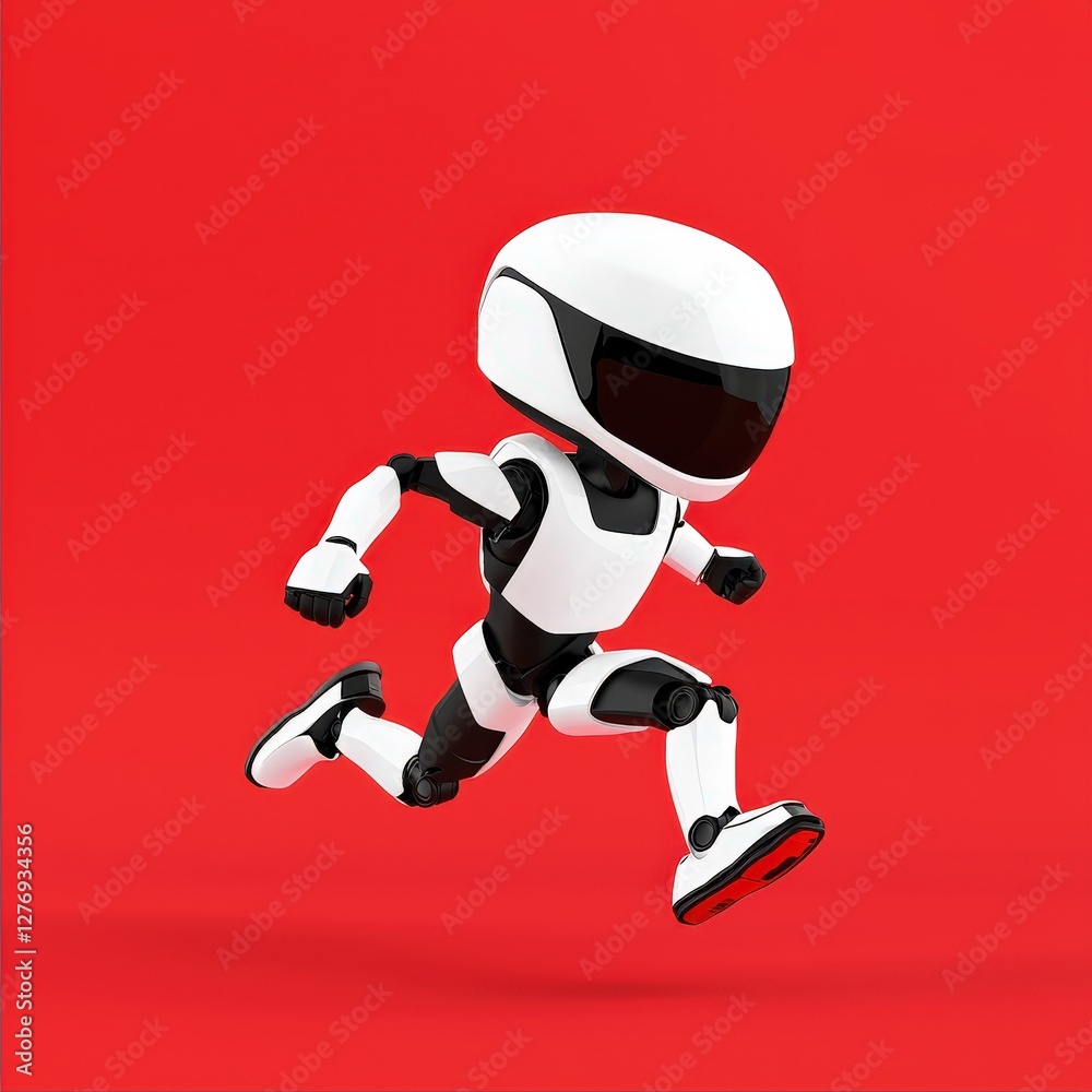 Futuristic black and white robot running in a dynamic pose on a bright background Futuristic black and white robot running in a dynamic pose on a bright background