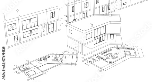 residential architecture house plan 3d illustration	
