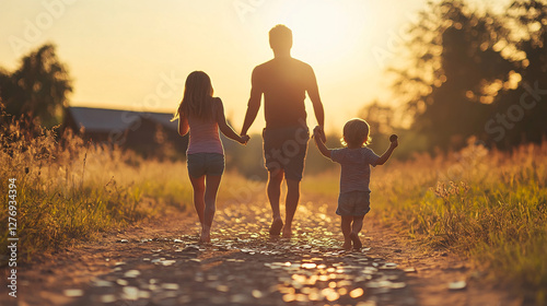 Fototapeta Naklejka Na Ścianę i Meble -  A loving family of three holding hands walking on a rural path during sunset surrounded by warm golden light and nature

