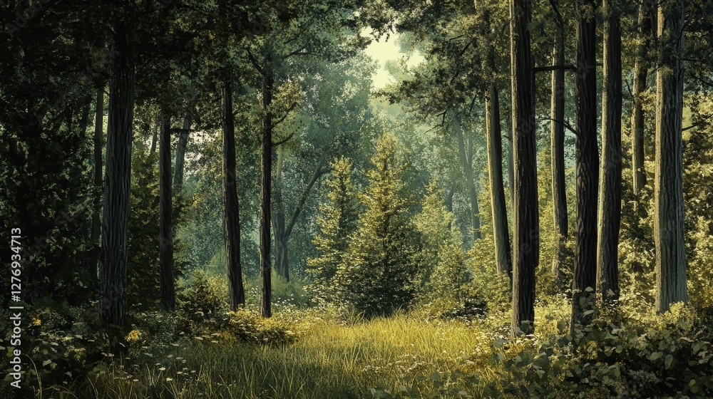 Sunlit forest clearing with tall trees and lush greenery Sunlit forest clearing with tall trees and lush greenery