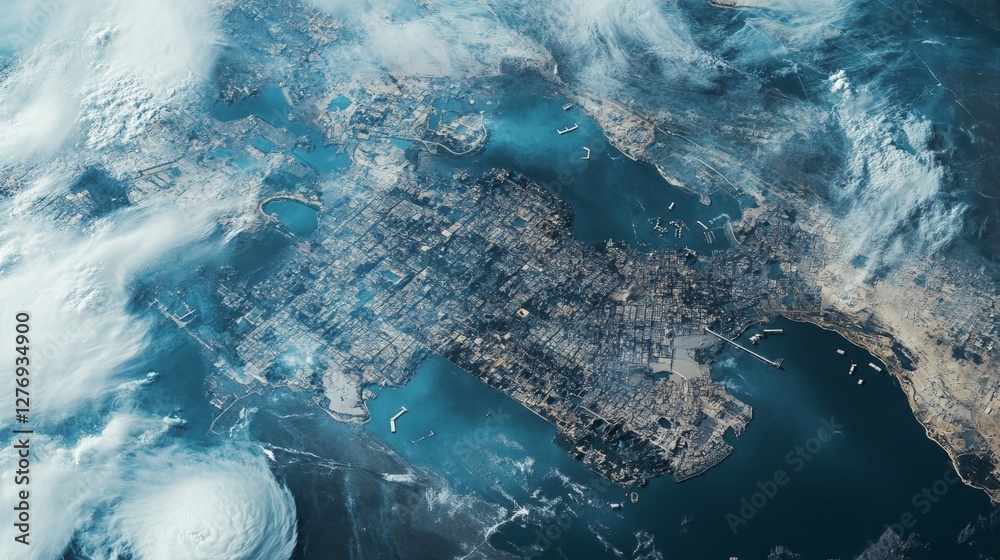 Fototapeta premium Aerial View of Urban Landscape Under Dramatic Skies and Clouds