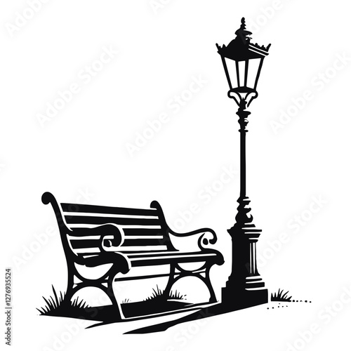 Park bench and street lamp silhouette for urban landscapes, nostalgic designs, and outdoor scene illustrations
