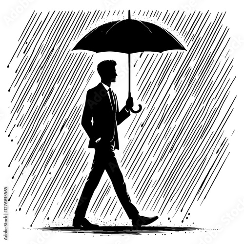 Businessman with umbrella in the rain for business, travel, finance, or crisis.