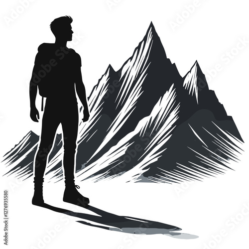 Hiker silhouette with mountain backdrop for travel blogs, outdoor gear branding, and adventure-themed designs