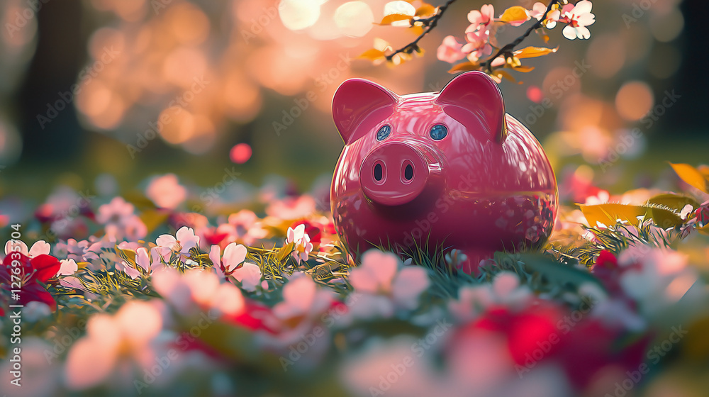 Obraz premium Surreal Pink Piggy Bank Among Cherry Blossoms and Lush Spring Foliage, Glossy Surface Reflecting Soft Sunlight in a Dreamy, Enchanting Banner-Like Scene