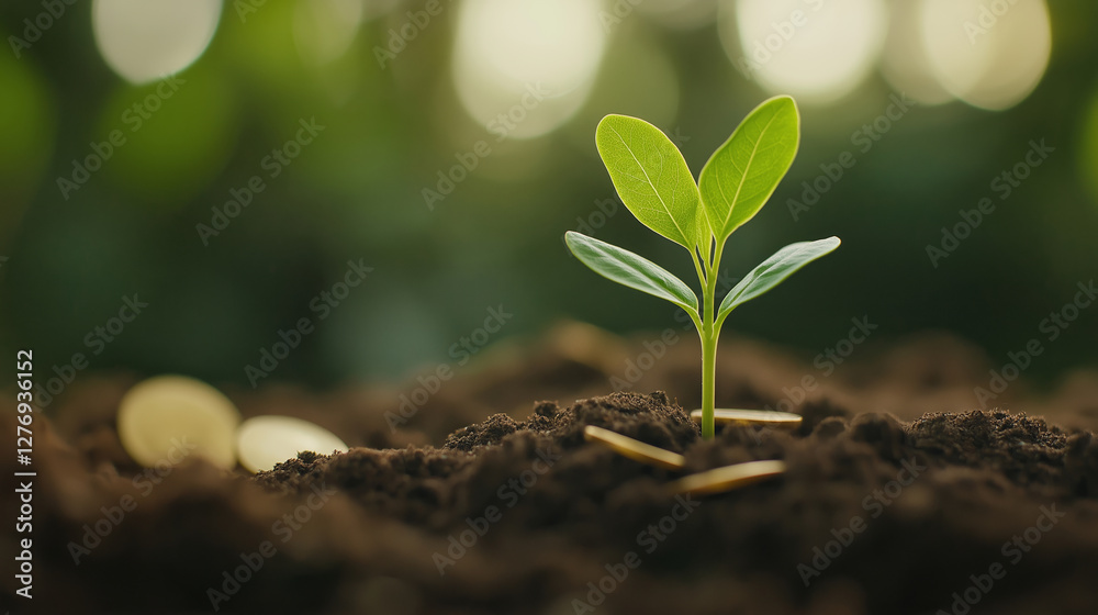 Verdant seedling sprouting through golden coins, representing financial growth and eco friendly investment strategy in rich dark soil Verdant seedling sprouting through golden coins, representing financial growth and eco friendly investment strategy in rich dark soil