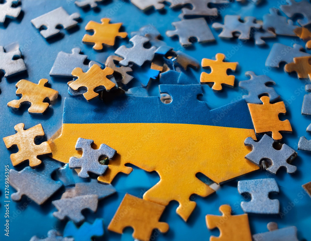 Fototapeta premium Ukrainian language puzzle pieces scattered on a table, symbolizing the learning and connecting of phrases.