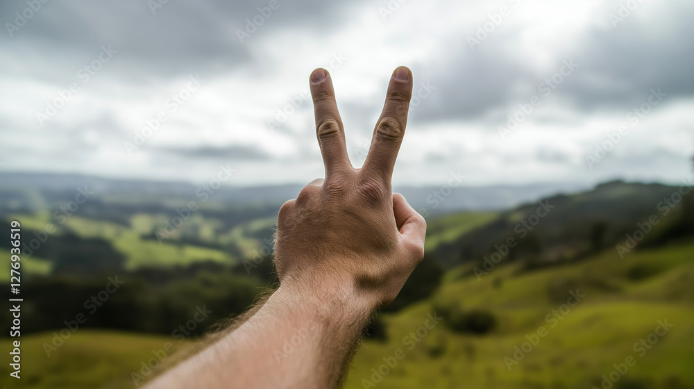 Hand showing victory or peace sign with two fingers up in front of beautiful green hills landscape under a cloudy sky Hand showing victory or peace sign with two fingers up in front of beautiful green hills landscape under a cloudy sky