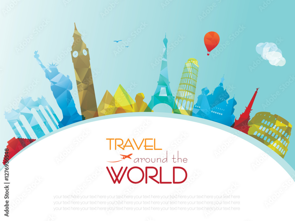 Fototapeta premium Travel and tourism background, travel post card, vector file