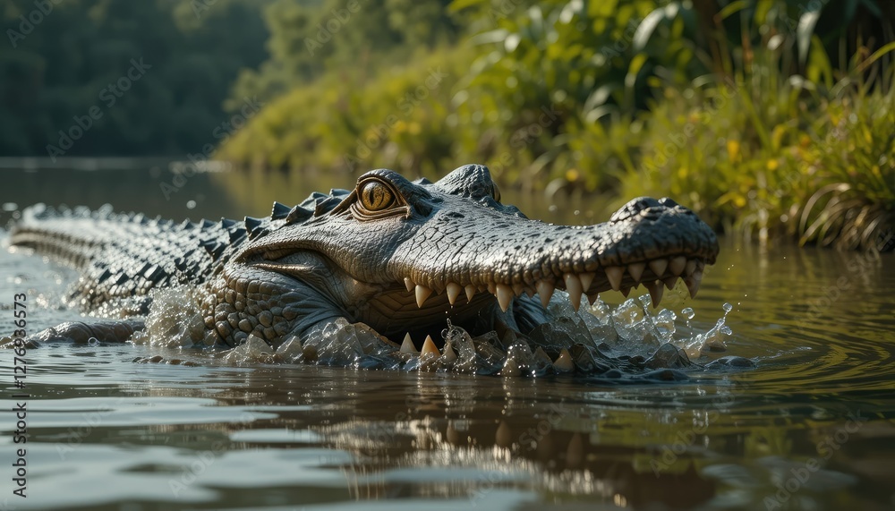 Naklejka premium A dramatic and photorealistic scene of a crocodile's head peeking out from a tranquil river, its fierce eyes glowing with hunger