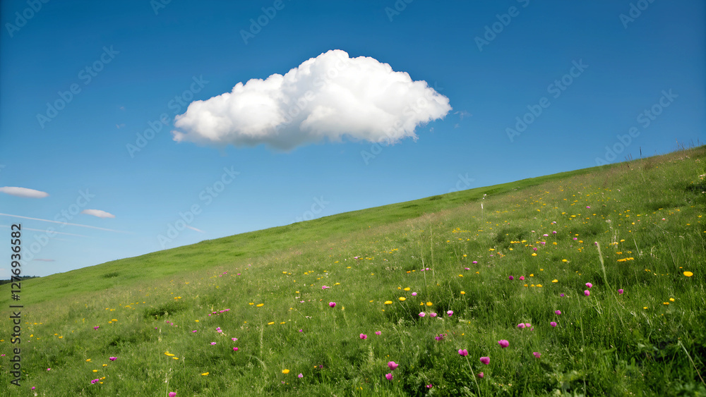 Serene Meadow with Wildflowers and White Cloud in Bright Blue Sky
Serene Meadow with Wildflowers and White Cloud in Bright Blue Sky