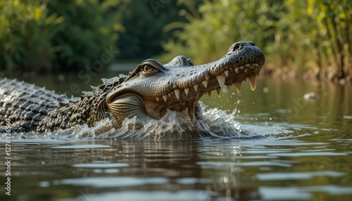 A close-up, high-resolution shot of a crocodile’s head breaking through the still water of a river, its powerful jaws slightly open, revealing razor-sharp teeth
