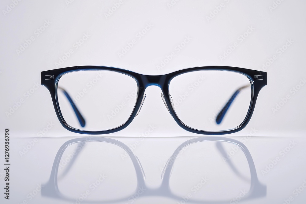 Fototapeta premium Stylish blue eyeglasses with clear lenses reflecting on a clean surface, showcasing modern eye-wear design and vision care technology for fashionable individuals.