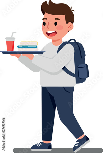 A cheerful boy carrying a tray with food and drink while wearing a backpack, in a flat, colorful vector illustration