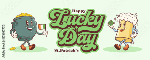Saint Patrick Day Groovy Beer Tankard and Shamrock Retro Characters Banner. Cartoon Green Ale Mug with Clover Trefoil. Vector Irish Spring Holiday Mascot Template. Happy Vintage Illustration. Isolated