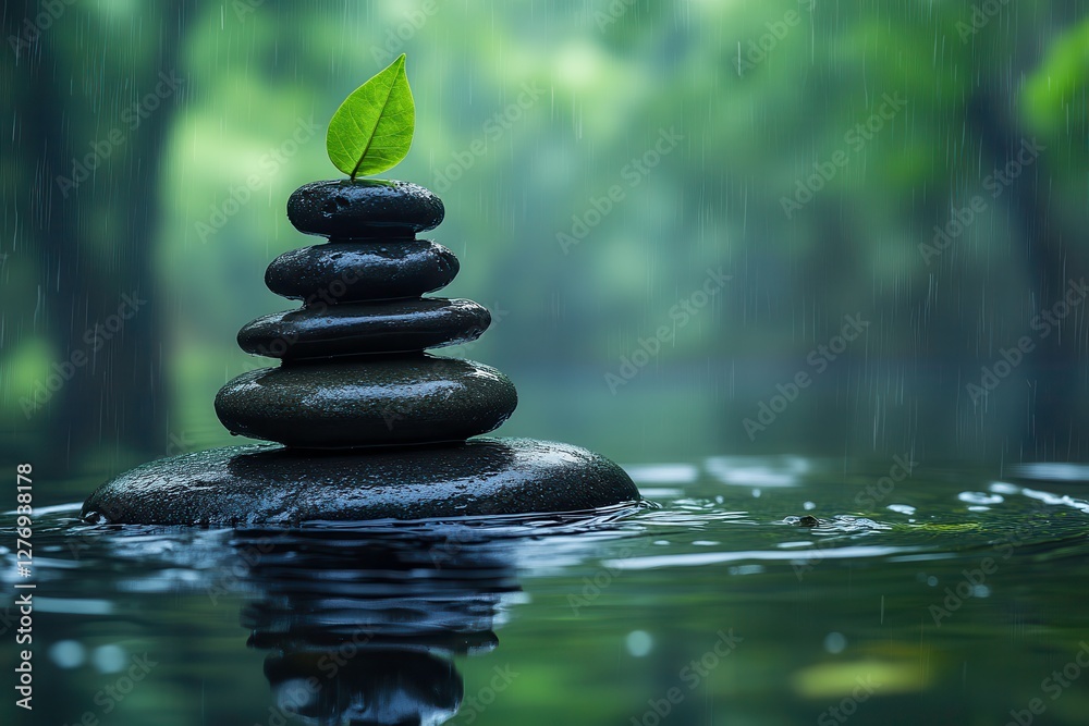 Calm Water Mirrors Stacked Stones With Green Leaf in Tranquil Nature Setting. Generative AI Calm Water Mirrors Stacked Stones With Green Leaf in Tranquil Nature Setting. Generative AI