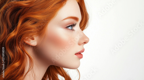Profile side view of a beautiful woman, close-up view, white background