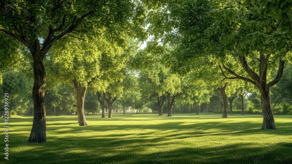 Serene green forest with lush trees and sunlit meadow in peaceful wilderness Serene green forest with lush trees and sunlit meadow in peaceful wilderness