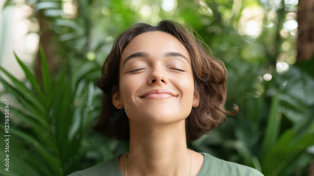 Serene young woman finding peace and tranquility while listening to music surrounded by lush green plants, enjoying a moment of bliss Serene young woman finding peace and tranquility while listening to music surrounded by lush green plants, enjoying a moment of bliss