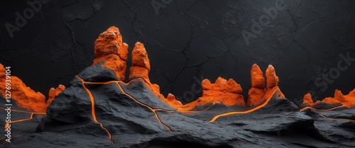 Dark textured background with orange rock formations and abstract lines photo