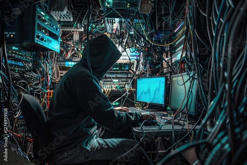 Anonymous hooded man hacking government database using multiple screens in a shady cyber hideout