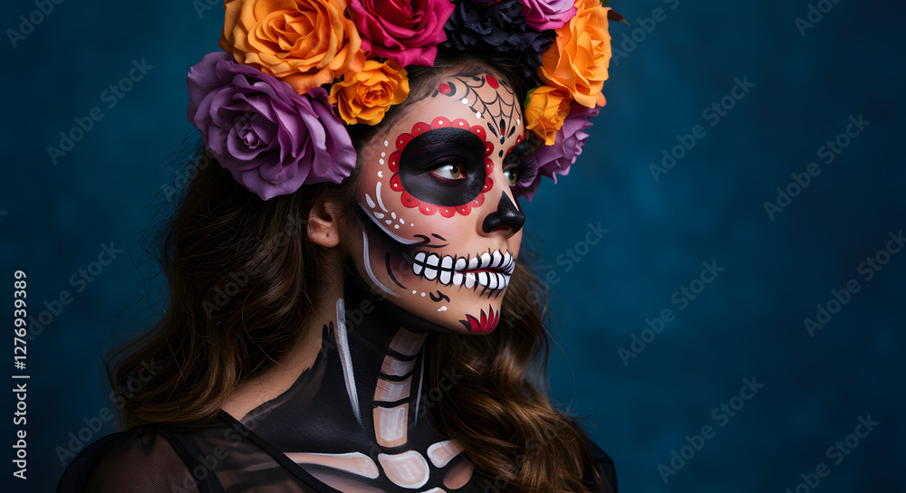 A woman with intricate skull makeup and a floral crown, showcasing a vibrant and artistic representation of the Day of the Dead tradition. A woman with intricate skull makeup and a floral crown, showcasing a vibrant and artistic representation of the Day of the Dead tradition.