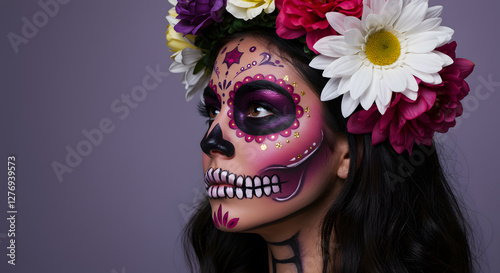 A woman with intricate sugar skull makeup, featuring vibrant colors and floral accents. She wears a crown of flowers, enhancing the festive and artistic look, against a soft purple background.