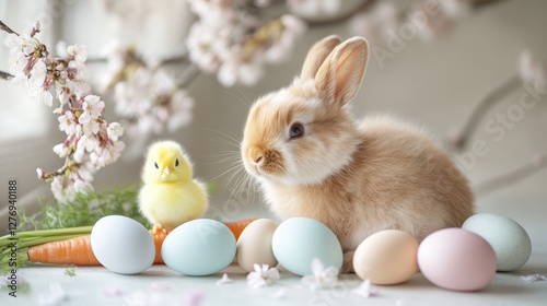 Wallpaper Mural Pastel Easter bunny with chick, cherry blossoms, and pastel eggs in a farmhouse atmosphere, orthodox or catholic Easter background Torontodigital.ca