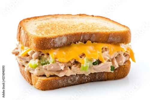 A traditional tuna melt sandwich isolated on a white background