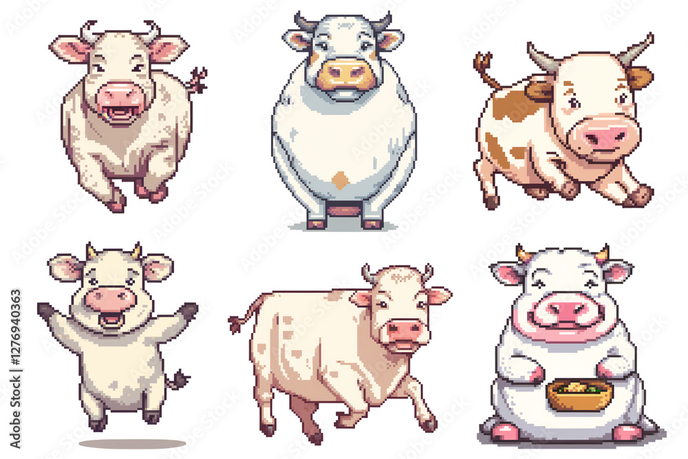Obraz premium collection of pixel art cows in various styles and poses, 8-bit style
