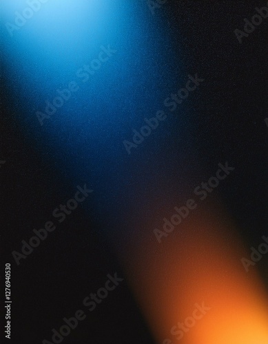 Grainy, colorful, warm blue light leaks on a black background with a dust texture. Abstract damaged, scratched retro film analog effect for use as an overlay or screen filter on photos.