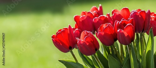 Vibrant Red Tulips Blooming in Springtime Garden with Dew Drops