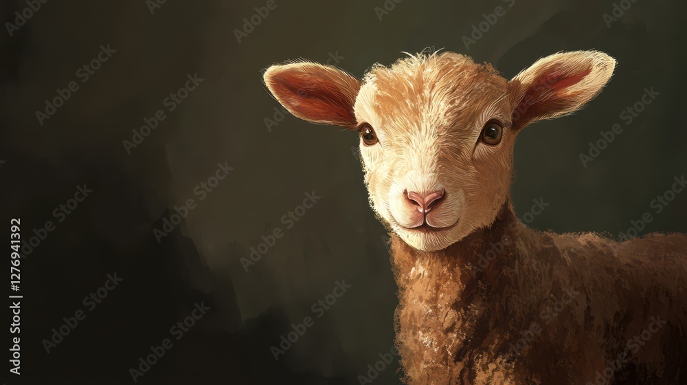 Fototapeta premium Cute baby lamb with fluffy wool and soft ears against a dark background
