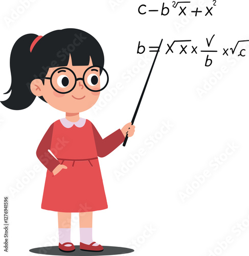 A cheerful girl in a red dress holding a pointer and explaining mathematical equations in a flat vector illustration style, conveying a sense of learning and engagement in education vector art
