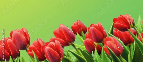 Vibrant Red Tulips with Delicate Water Droplets on a Lush Green Backdrop