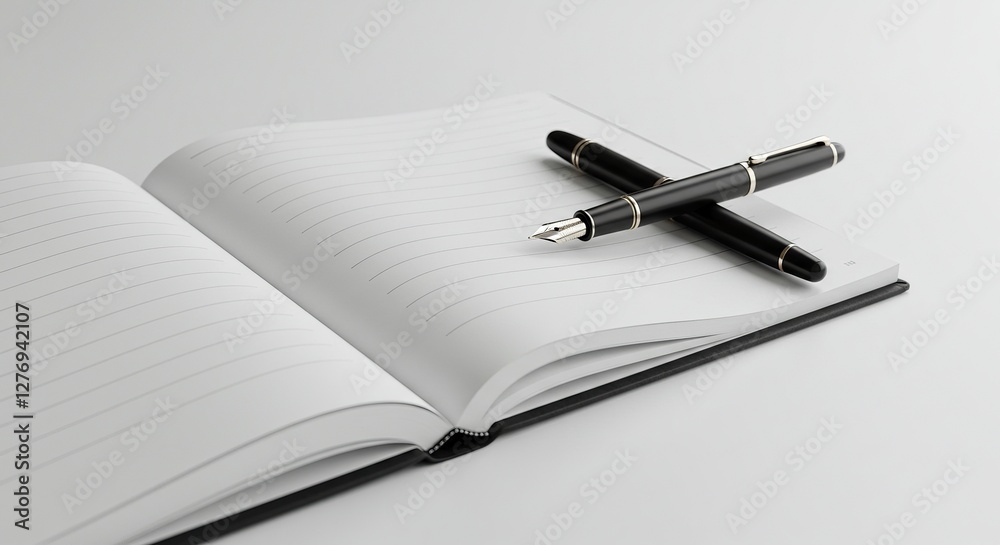 Open Notebook with Fountain Pen - Clean Studio Shot of Blank Journal and Elegant Writing Instrument on White Background, Ideal for Writing and Planning Concepts. Open Notebook with Fountain Pen - Clean Studio Shot of Blank Journal and Elegant Writing Instrument on White Background, Ideal for Writing and Planning Concepts.