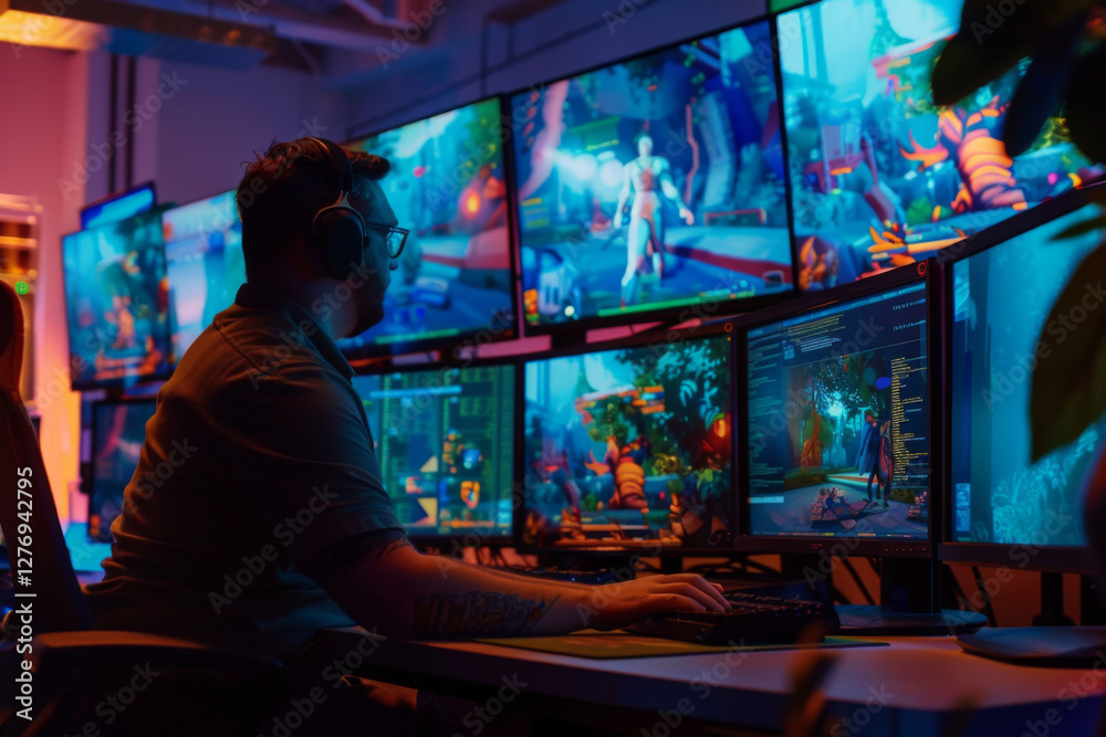 Game developer wearing headphones works on 3D character design in studio with multiple monitors. Concept of gaming, creativity and digital art